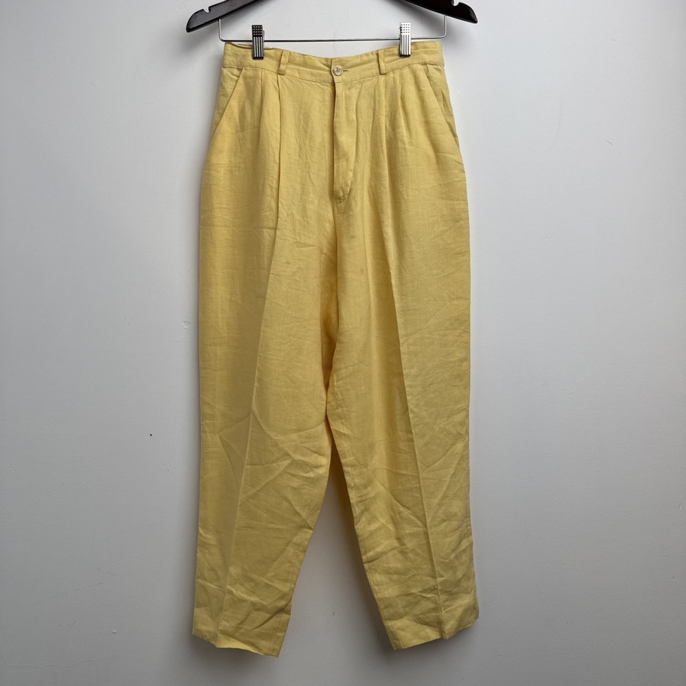 VTG Silk Club Linen Pants M Yellow Loose 80s Pleated Summer Spring Beach Womens